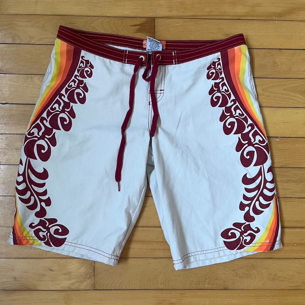 Billabong Mens W30 Board Shorts White Burgundy Retro Stripe Scroll Size 5 Y2k
